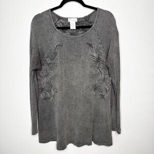 Soft Surroundings Gray Waffle Knit Embroidered Floral Thermal Tunic Top Size XL